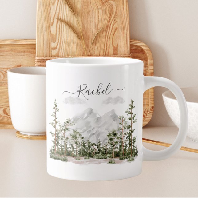 Monogrammed Watercolor Mountain and Forest Large Coffee Mug (In situ kitchen)