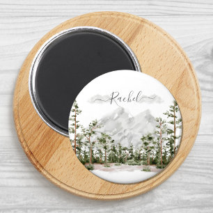 Monogrammed Watercolor Mountain and Forest Magnet