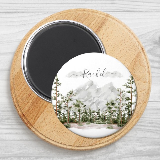 Monogrammed Watercolor Mountain and Forest Magnet (Close up)