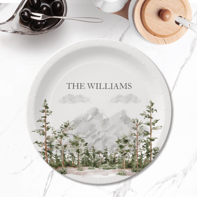 Monogrammed Watercolor Mountain and Forest Paper Plate (In situ dining table)