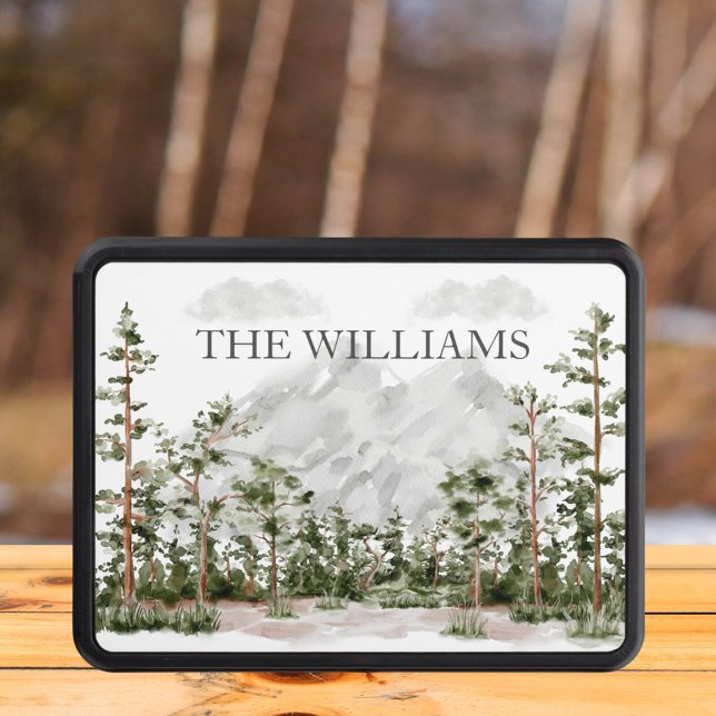 Monogrammed Watercolor Mountain and Forest Trailer Hitch Cover (In situ outdoor)