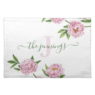 Monogrammed Watercolor Pink Peony Placemat