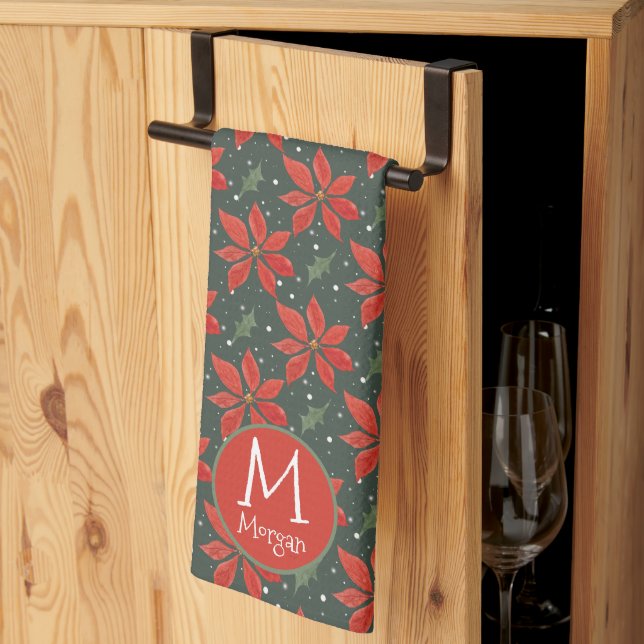 Monogrammed Watercolor Poinsettia Pattern Kitchen Towel (Thirds Fold)