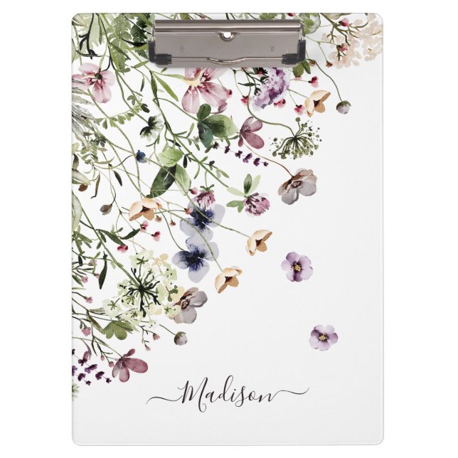 Monogrammed Watercolor Purple Wildflowers  Clipboard (Front)