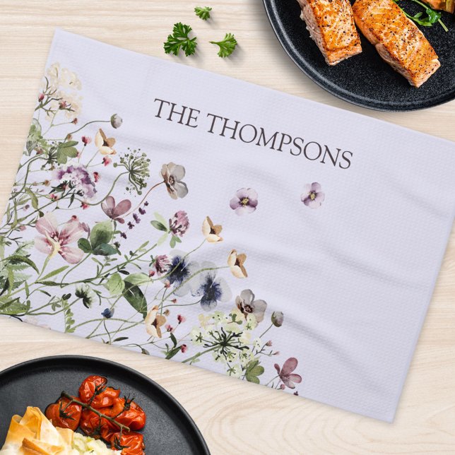 Monogrammed Watercolor Purple Wildflowers Kitchen Towel (In situ Kitchen Table)