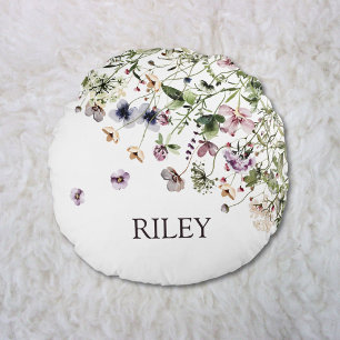 Monogrammed Watercolor Purple Wildflowers Round Pillow