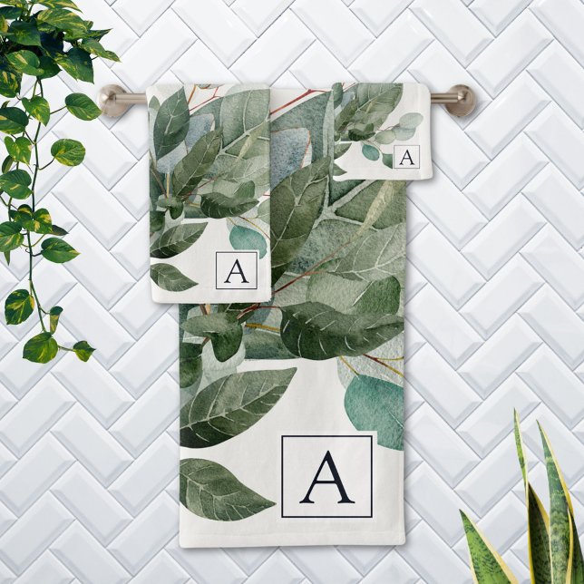 Monogrammed Watercolor Rustic Sage Greenery Bath Towel Set (In situ Bathroom wall)