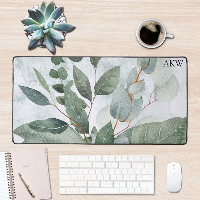 Monogrammed Watercolor Rustic Sage Greenery Desk Mat (In situ office desk)