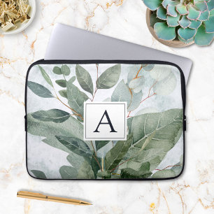 Monogrammed Watercolor Rustic Sage Greenery Laptop Sleeve