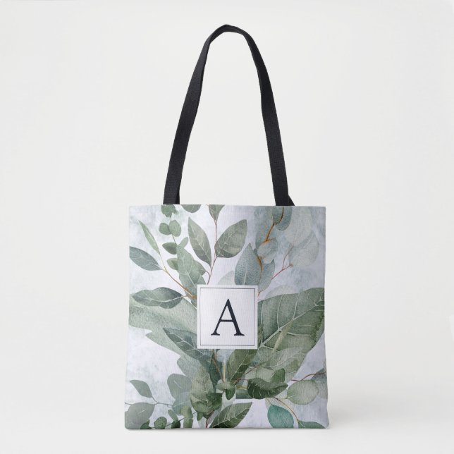Monogrammed Watercolor Rustic Sage Greenery Tote Bag (Front)