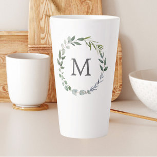 Monogrammed Watercolor Sage Green Leaves Wreath Latte Mug