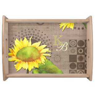 Monogrammed Watercolor Sunflowers Serving Tray