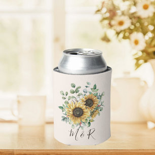 Monogrammed Watercolor Vintage Rustic Sunflower Can Cooler