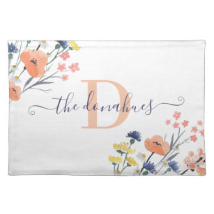 Monogrammed Watercolor Wildflower Cloth Placemat