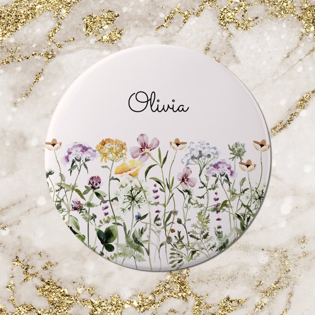 Monogrammed Watercolor Wildflower Garden 6 Inch Round Button (Close up)