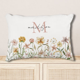 Monogrammed Watercolor Wildflower Meadow Floral Accent Pillow