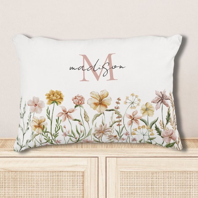 Monogrammed Watercolor Wildflower Meadow Floral Accent Pillow (In situ)