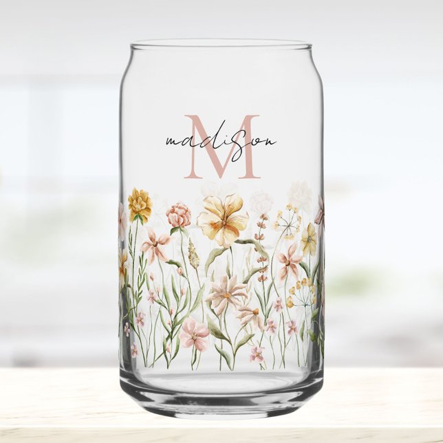 Monogrammed Watercolor Wildflower Meadow Floral Can Glass (In situ)