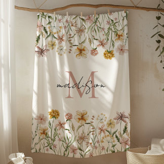 Monogrammed Watercolor Wildflower Meadow Floral Fleece Blanket