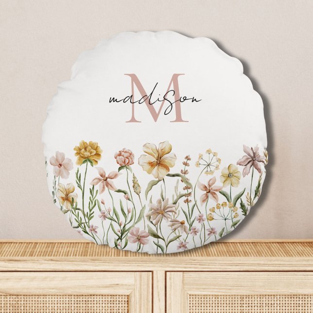 Monogrammed Watercolor Wildflower Meadow Floral Round Pillow (In situ)