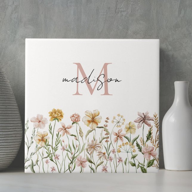 Monogrammed Watercolor Wildflower Meadow Floral Tile (In situ)