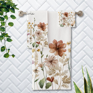 Monogrammed Watercolor Wildflower Pretty Floral Bath Towel Set