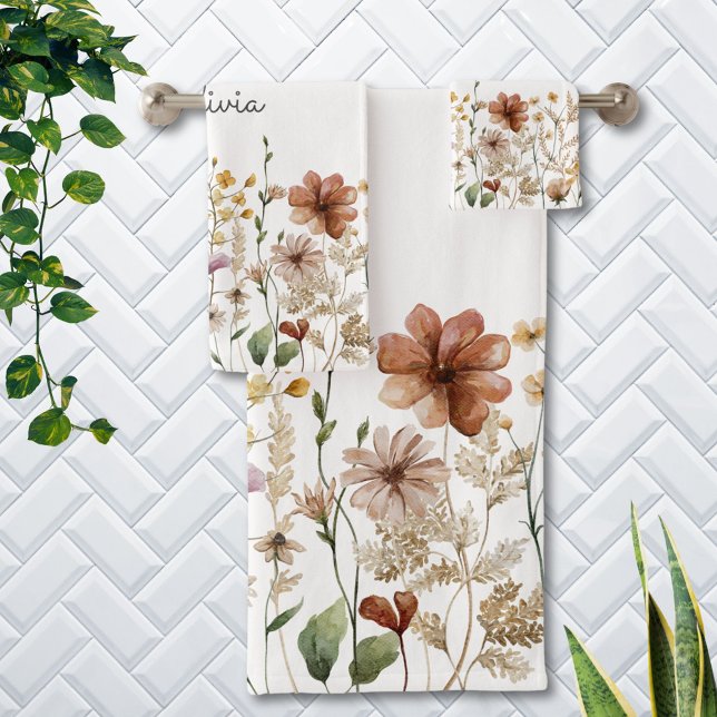 Monogrammed Watercolor Wildflower Pretty Floral Bath Towel Set (In situ)