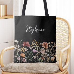 Monogrammed Watercolor Wildflower Pretty Floral Tote Bag