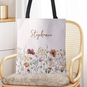 Monogrammed Watercolor Wildflower Pretty Floral Tote Bag