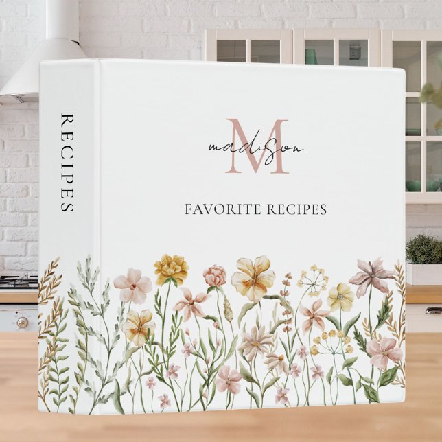 Monogrammed Watercolor Wildflower Recipe Cookbook Binder (In situ)