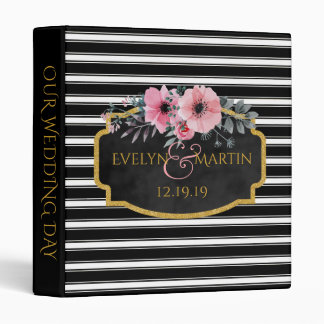 Monogrammed Wedding | Black White Striped Floral Binder