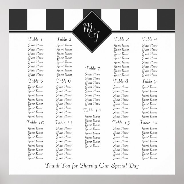 Monogrammed Wedding Reception Seating Chart (Front)