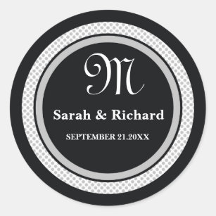 Monogrammed Wedding Stickers:Black Polka Dots Classic Round Sticker