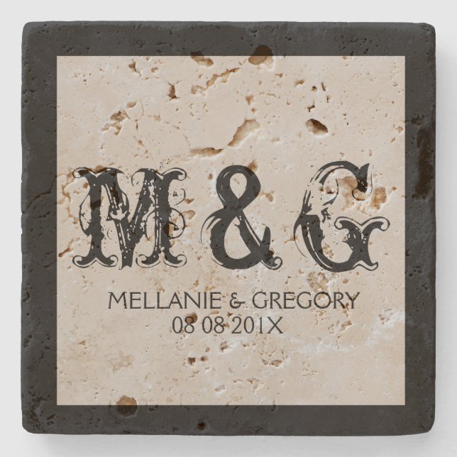 Monogrammed Wedding Text Design Stone Coaster (Front)