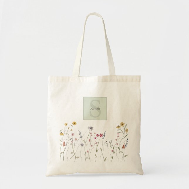 Monogrammed Whimsical Watercolor Wildflower Tote Bag (Front)