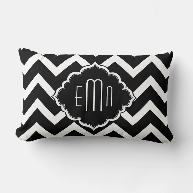 Monogrammed White And Black Zigzag Chevron Lumbar Pillow (Front)