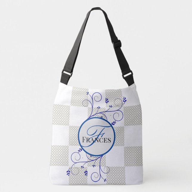 Monogrammed White And Blue Personalized Tote Bag (Front)