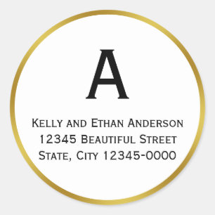 Monogrammed White and Faux Gold Return Address Classic Round Sticker