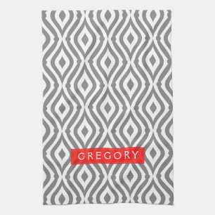Monogrammed White And Grey Geometric Pattern Kitchen Towel