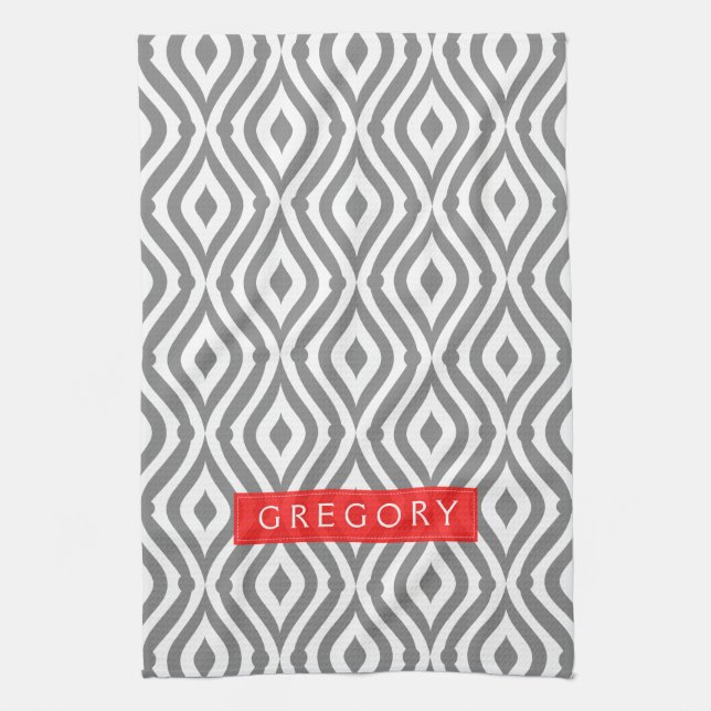 Monogrammed White And Grey Geometric Pattern Kitchen Towel (Vertical)