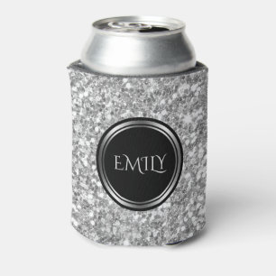Monogrammed White And Grey Glitter Can Cooler