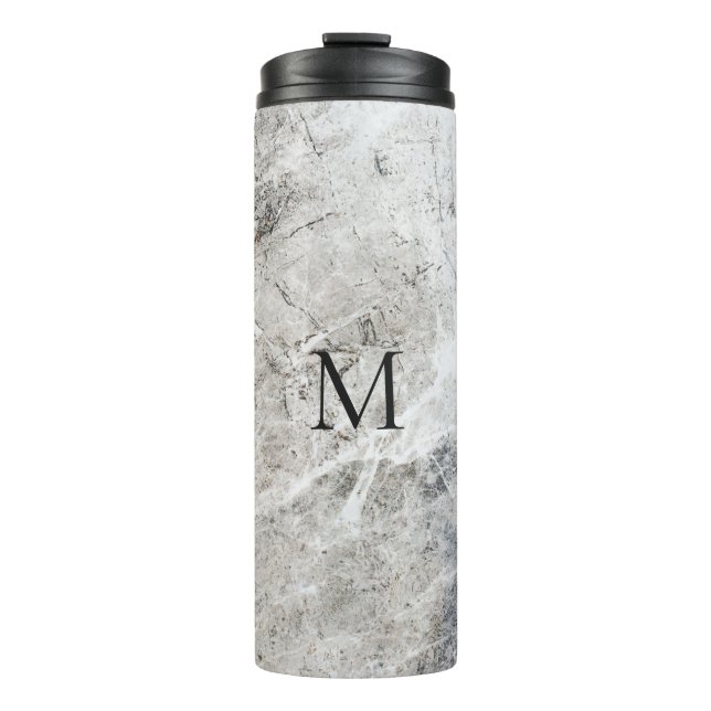 Monogrammed White And Grey Marble Thermal Tumbler (Front)