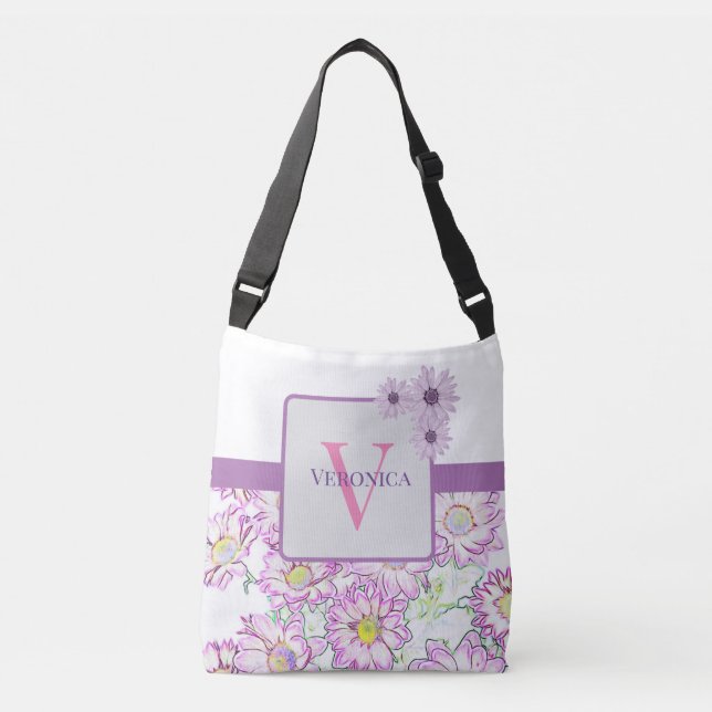 Monogrammed White And Purple Floral Tote Bag (Front)