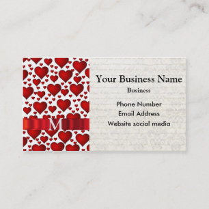 Monogrammed white and red heart pattern business card