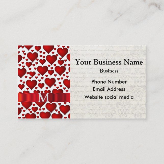 Monogrammed white and red heart pattern business card (Front)