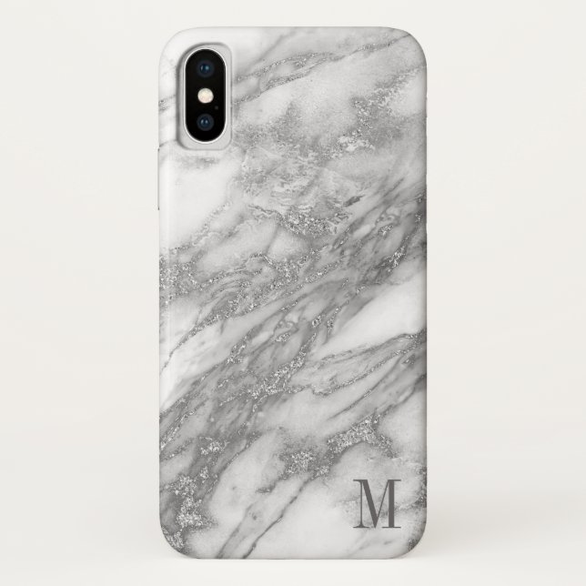 Monogrammed White And Silver Grey Marble Case-Mate iPhone Case (Back)