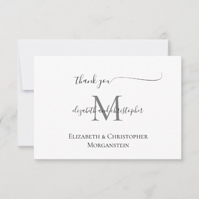 Monogrammed White Black Script Calligraphy Wedding Thank You Card (Front)