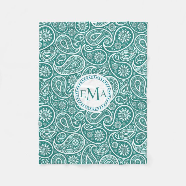 Monogrammed White & Blue-Green Retro Paisley Fleece Blanket (Front)
