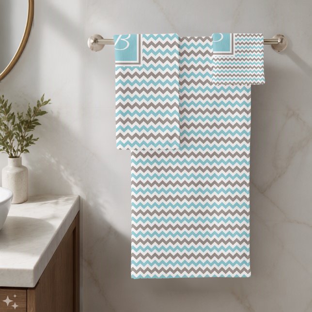 Monogrammed White Blue Grey Chevron Bath Towel Set (Creator Uploaded)