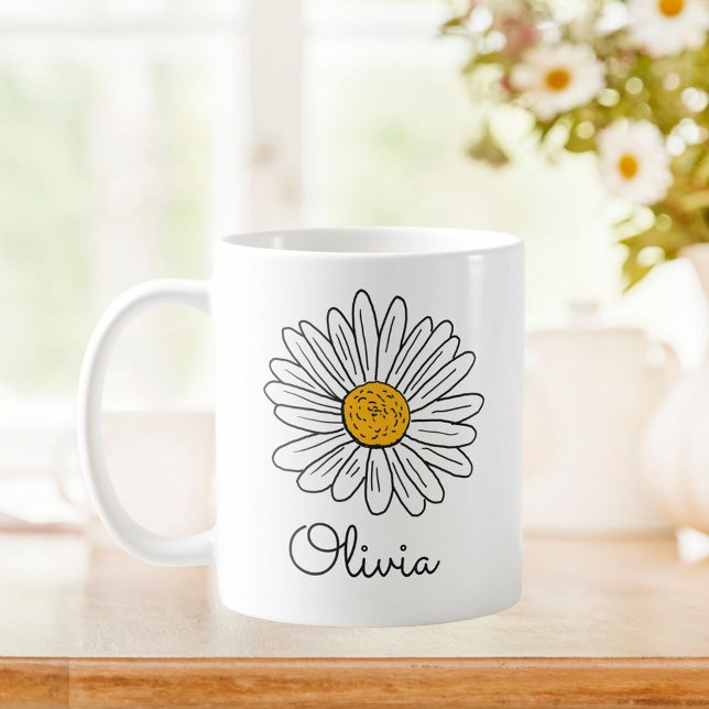 Monogrammed White Daisy Floral Doodle Kids Mug (In situ Kitchen table)